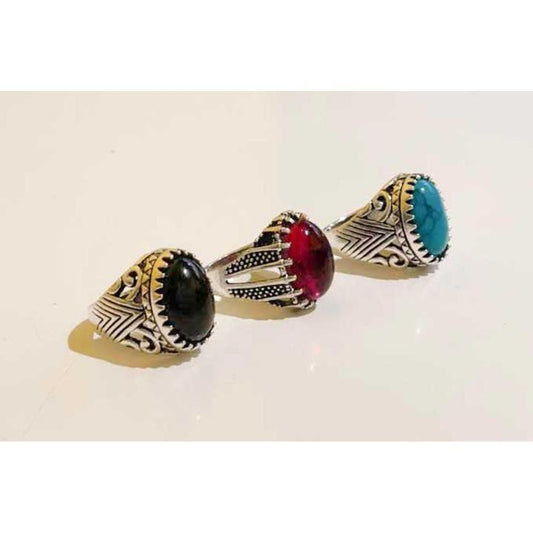 Turkish-Inspired Men's Ring | Set of 3 | Silver Plated Black Turquoise Red
