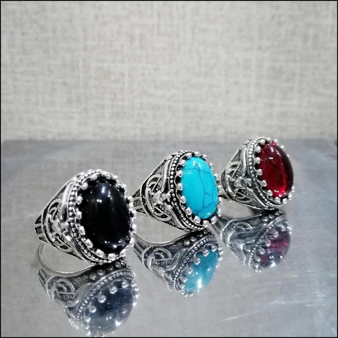 Turkish-Inspired Men's Ring | Set of 3 | Silver Plated Black Turquoise Red