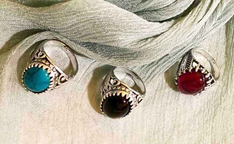 Turkish-Inspired Men's Ring | Set of 3 | Silver Plated Black Turquoise Red