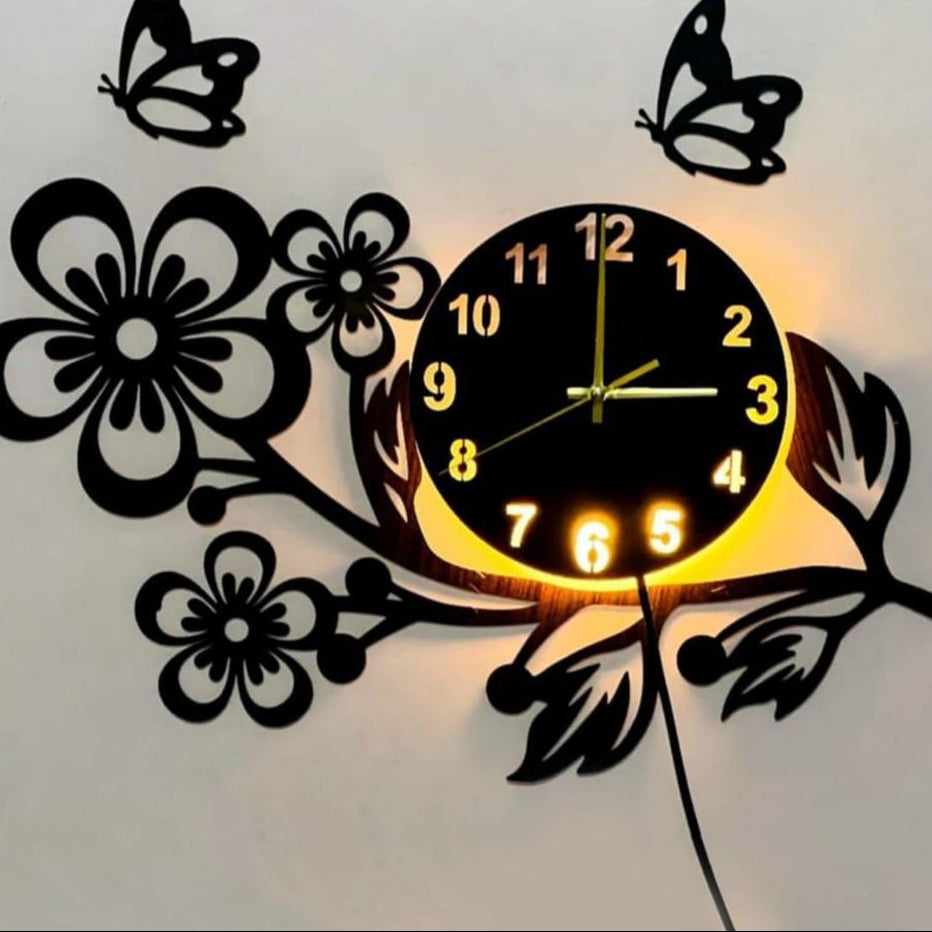 3D Flower | Wooden Wall Clock | With LED Light