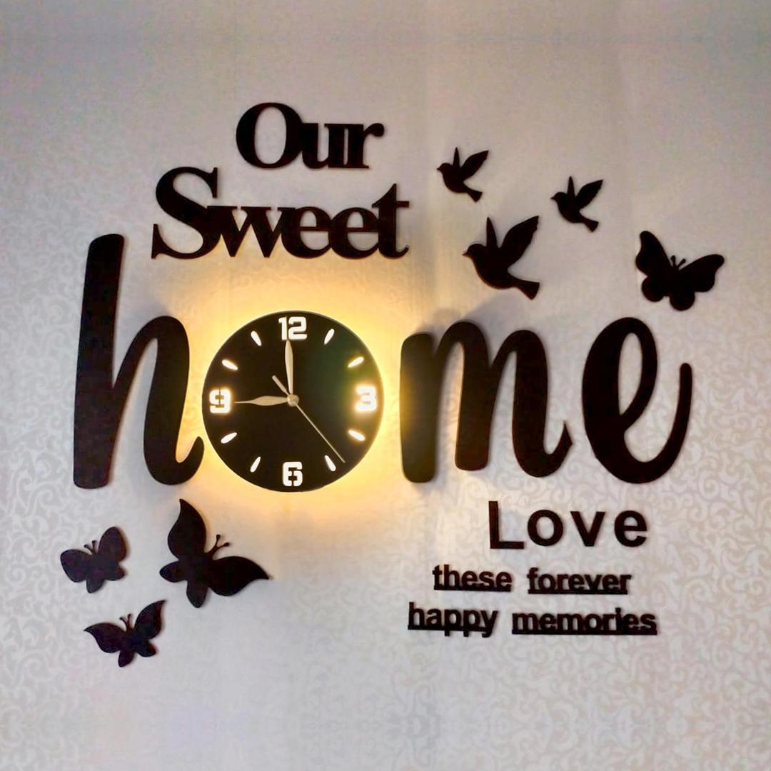 3D Wall Clock | Black Glowing Birds Butterflies | Modern Home Decor